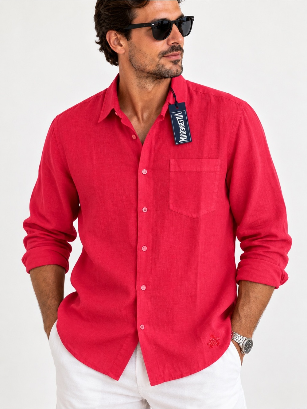 Vilebrequin Men’s 100% Linen Long Sleeve Shirt Red/Pink Size M NWT